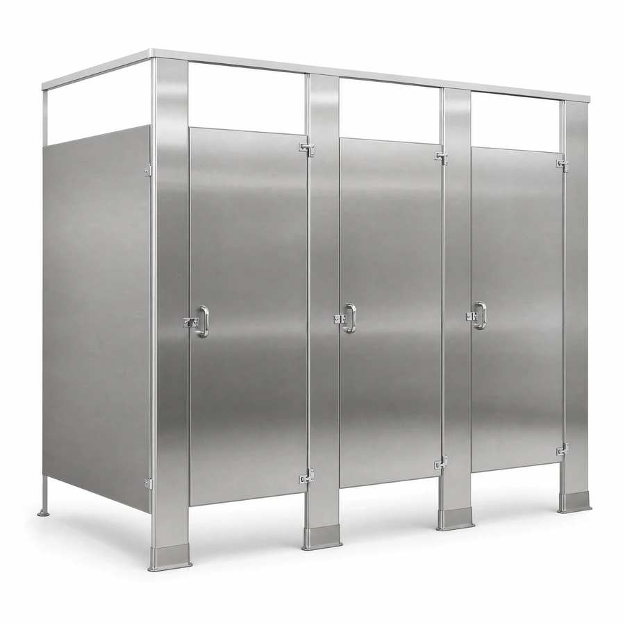Stainless steel commercial bathroom partition door and panel system on a white background
